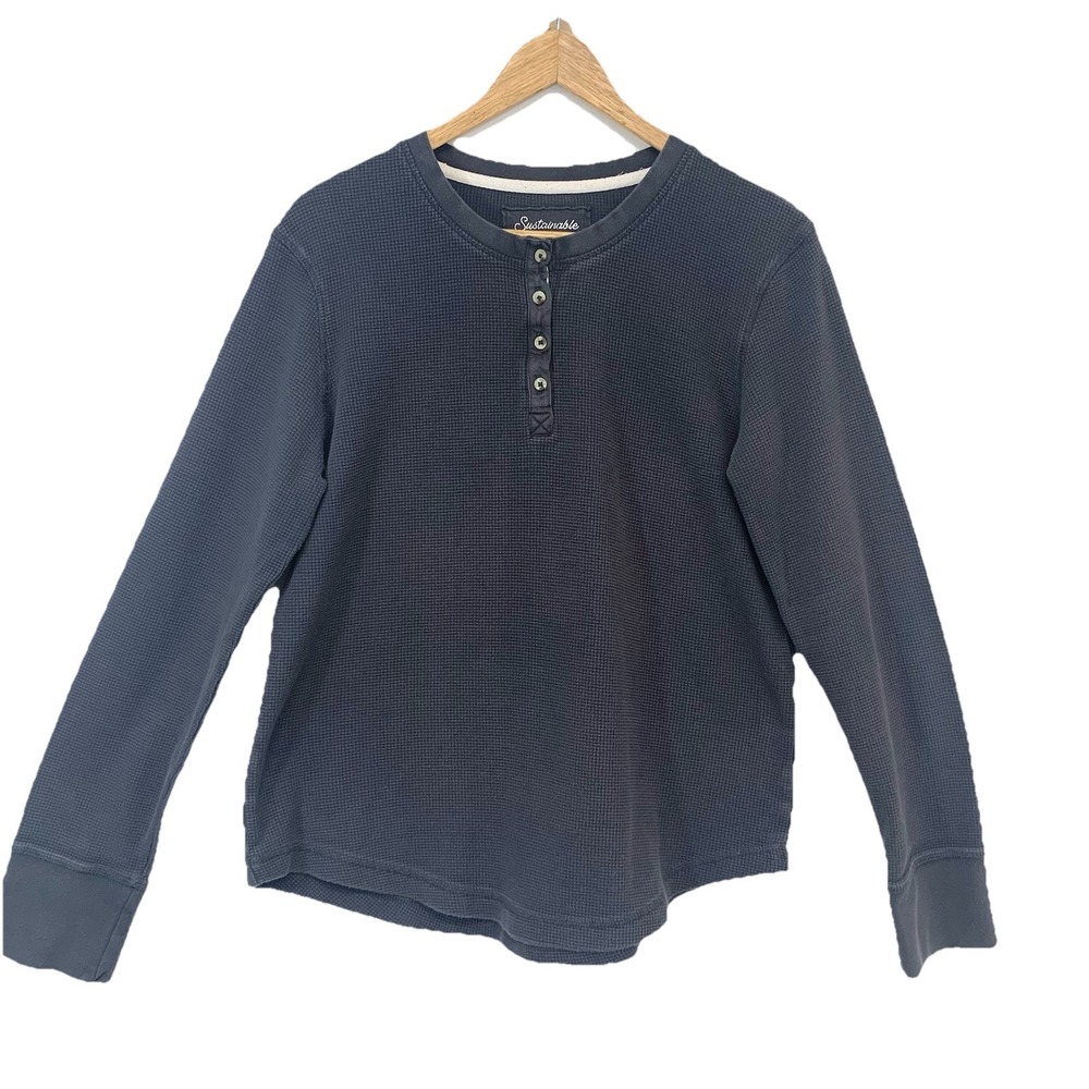 Pact Organic Cotton Henley Waffle Knit Polo Shirt Woman Large Gray Sustainable